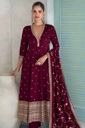 Wine silk anarkali kurti pant suit with zari sequins gota & mirror-style embellishments - Full Stitched free Size