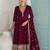 Wine silk anarkali kurti pant suit with zari, sequins, gota & mirror-style embellishments, free-size stitched.