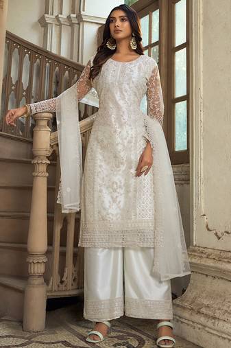 White net straight palazzo suit with zari embroidery and sequins work, free-size stitched (up to 42").