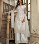 White net straight palazzo suit with zari embroidery and sequins work, free-size stitched (up to 42").