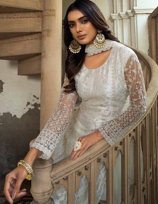 White net straight palazzo suit with zari embroidery and sequins work, free-size stitched (up to 42"). 2