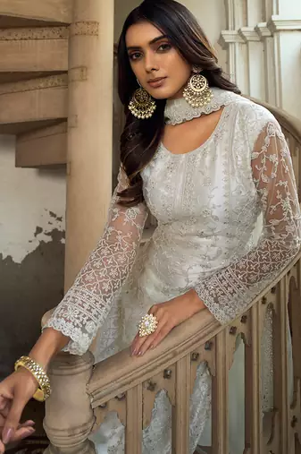White net straight palazzo suit with zari embroidery and sequins work, free-size stitched (up to 42").
