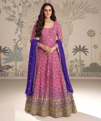 Pink georgette anarkali gown suit with heavy embroidery sequins thread seroski & zarkan - Full Stitched free Size 1