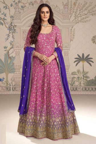 Pink georgette anarkali gown suit with heavy embroidery, sequins, thread, seroski & zarkan, free-size stitched.