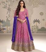 Pink georgette anarkali gown suit with heavy embroidery sequins thread seroski & zarkan - Full Stitched free Size