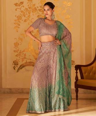 Dusty mauve georgette blouse palazzo suit with sequin zari weaving & shimmer embroidery - Full Stitched free Size 1