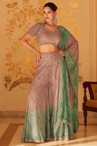 Dusty mauve georgette blouse palazzo suit with sequin zari weaving & shimmer embroidery - Full Stitched free Size