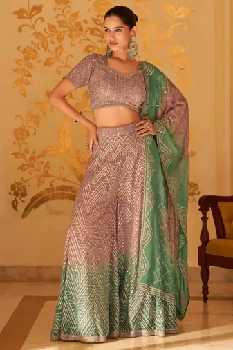 Dusty mauve georgette blouse palazzo suit with sequin, zari weaving & shimmer embroidery, free-size stitched.