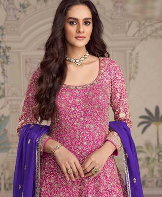Pink georgette anarkali gown suit with heavy embroidery sequins thread seroski & zarkan - Full Stitched free Size 2