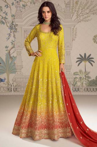 Yellow georgette anarkali gown suit with heavy embroidery, sequins, thread, seroski & zarkan, free-size stitched.