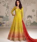 Yellow georgette anarkali gown suit with heavy embroidery sequins thread seroski & zarkan - Full Stitched free Size