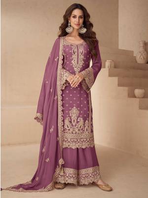 Lilac chinon straight palazzo suit with zari embroidery and sequins work - Full Stitched free Size 1