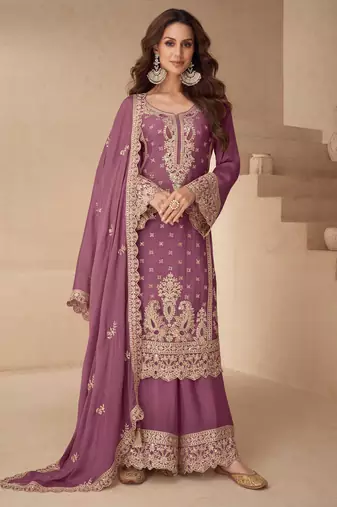 Lilac chinon straight palazzo suit with zari embroidery and sequins work - Full Stitched free Size