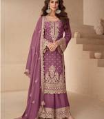 Lilac chinon straight palazzo suit with zari embroidery and sequins work - Full Stitched free Size