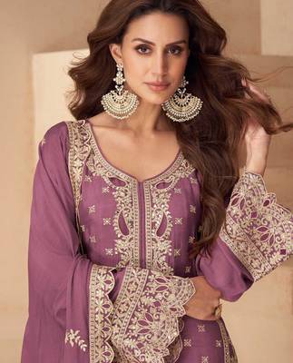 Lilac chinon straight palazzo suit with zari embroidery and sequins work - Full Stitched free Size 2