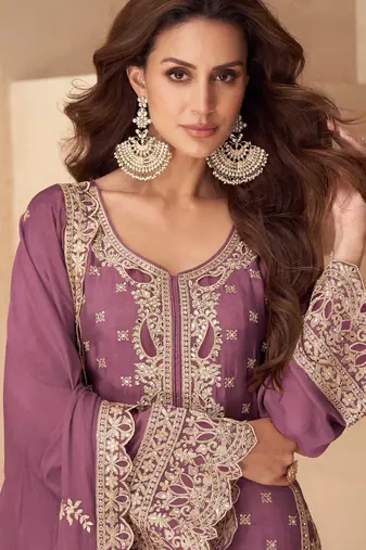 Lilac chinon straight palazzo suit with zari embroidery and sequins work - Full Stitched free Size