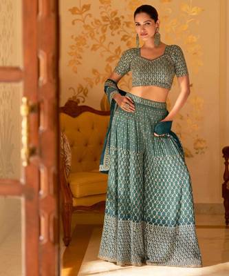 Teal green georgette blouse palazzo suit with sequin zari weaving & shimmer embroidery - Full Stitched free Size 1