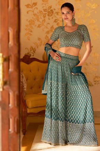 Teal green georgette blouse palazzo suit with sequin zari weaving & shimmer embroidery - Full Stitched free Size