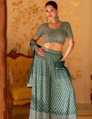 Teal green georgette blouse palazzo suit with sequin zari weaving & shimmer embroidery - Full Stitched free Size 2