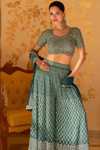 Teal green georgette blouse palazzo suit with sequin zari weaving & shimmer embroidery - Full Stitched free Size