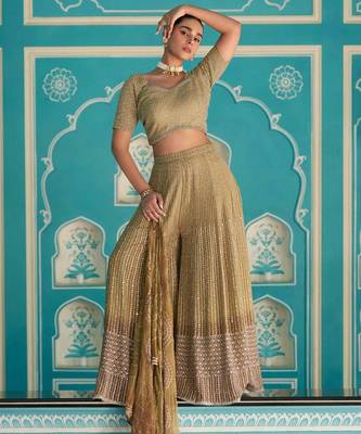Gold georgette blouse palazzo suit with sequin zari weaving & shimmer embroidery - Full Stitched free Size 1