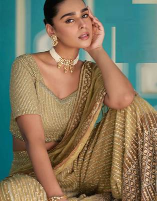 Gold georgette blouse palazzo suit with sequin zari weaving & shimmer embroidery - Full Stitched free Size 2
