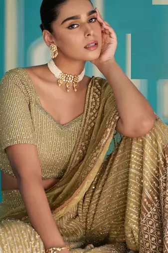 Gold georgette blouse palazzo suit with sequin zari weaving & shimmer embroidery - Full Stitched free Size