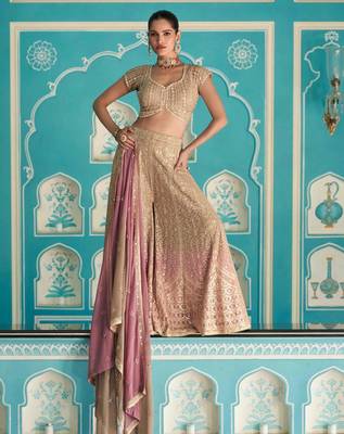Pink georgette blouse palazzo suit with sequin zari weaving & shimmer embroidery - Full Stitched free Size 1