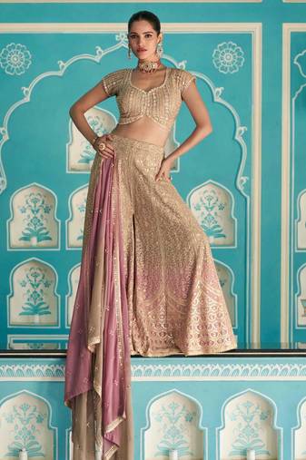 Pink georgette blouse palazzo suit with sequin, zari weaving & shimmer embroidery, free-size stitched.