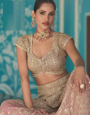 Pink georgette blouse palazzo suit with sequin zari weaving & shimmer embroidery - Full Stitched free Size 2
