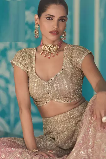 Pink georgette blouse palazzo suit with sequin zari weaving & shimmer embroidery - Full Stitched free Size