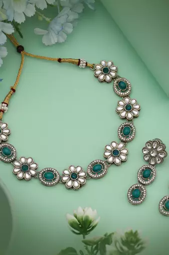 Regal rama green color kundan necklace set designed to elevate your ethnic collection