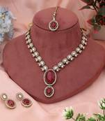 Bright red color kundan necklace set crafted for classic bridal and festive traditions