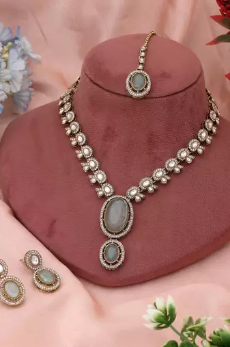 Cool sky blue color kundan necklace set bringing serene elegance to festive dressing
