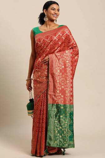 red cotton silk blend banarasi bandhani fusion style woven
