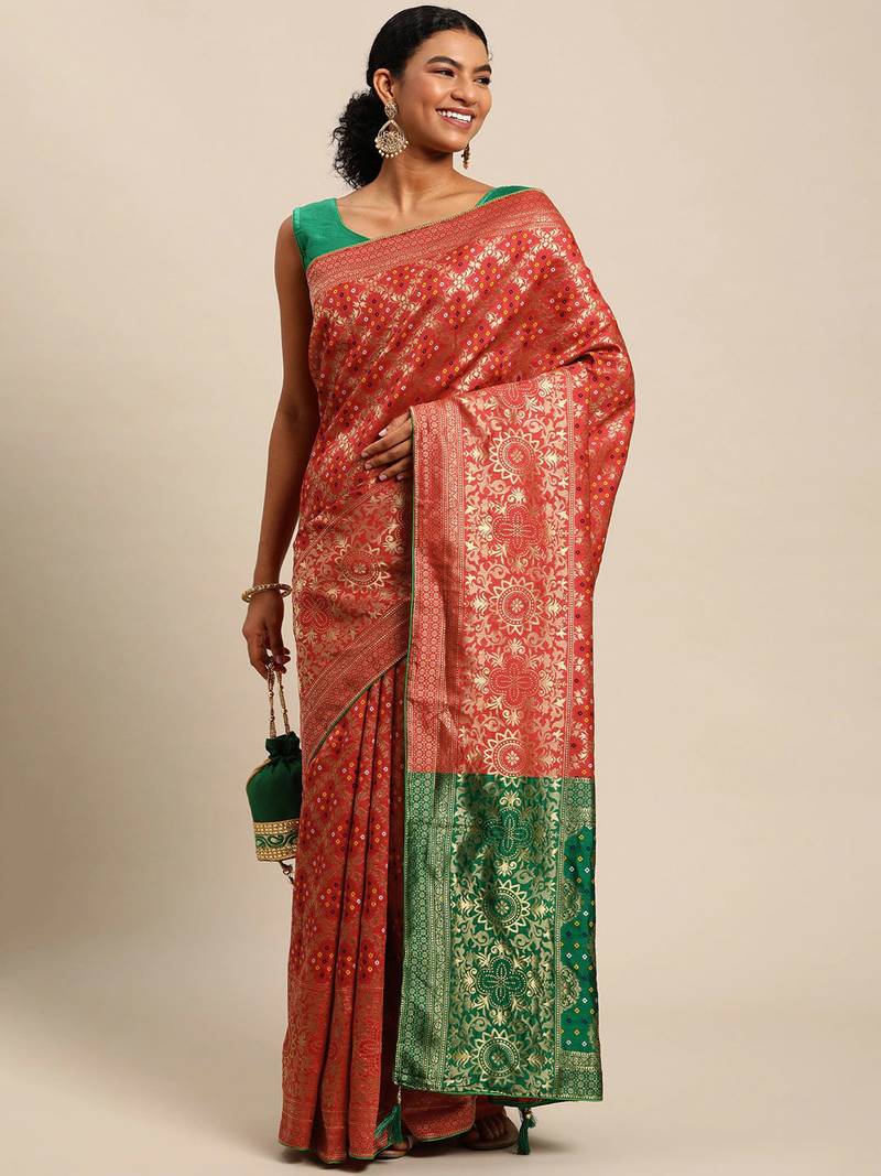 red cotton silk blend banarasi bandhani fusion style woven