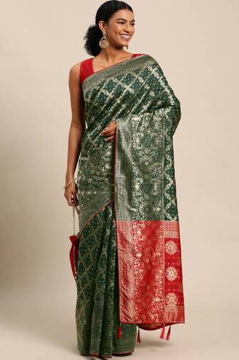 bottle green cotton silk blend banarasi bandhani fusion style woven