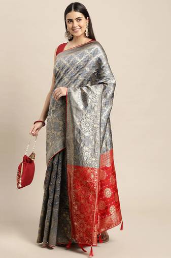 grey cotton silk blend banarasi bandhani fusion style woven