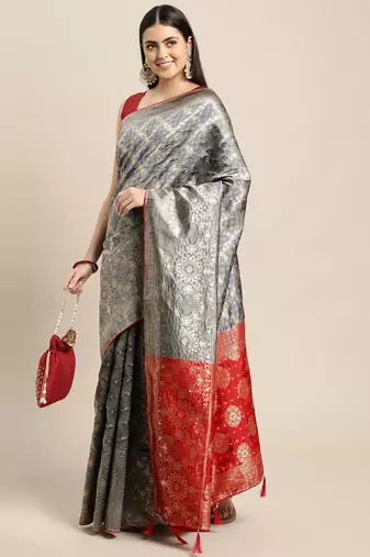 grey cotton silk blend banarasi bandhani fusion style woven