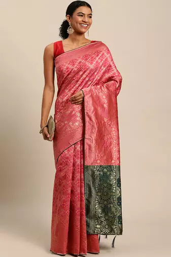 hot pink cotton silk blend banarasi bandhani fusion style woven