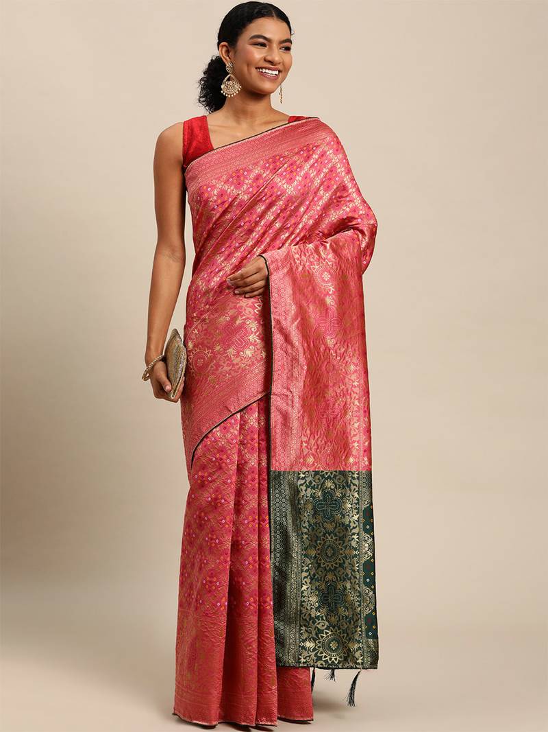 hot pink cotton silk blend banarasi bandhani fusion style woven