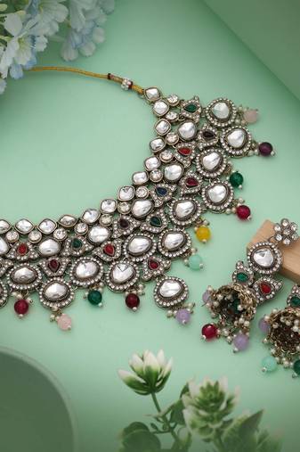 Colorful multi color kundan necklace set designed to brighten every traditional ensemble