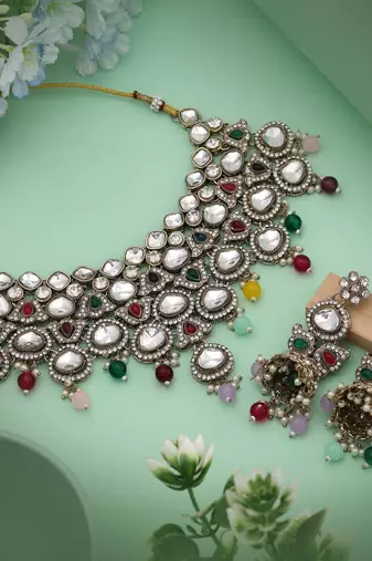 Colorful multi color kundan necklace set designed to brighten every traditional ensemble
