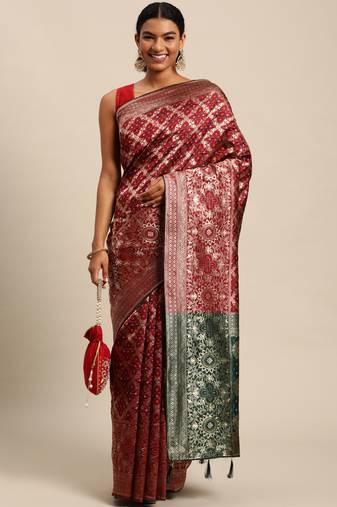 maroon cotton silk blend banarasi bandhani fusion style woven