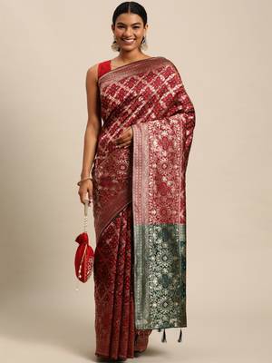 maroon cotton silk blend banarasi bandhani fusion style woven 1