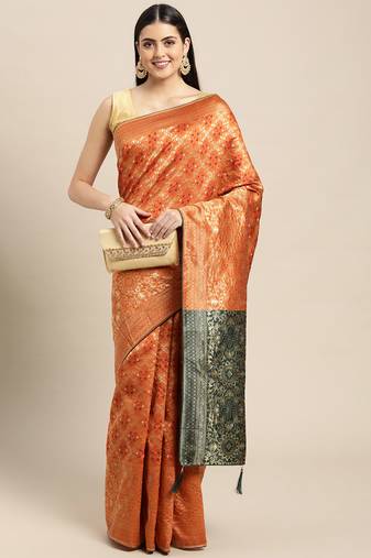 orange cotton silk blend banarasi bandhani fusion style woven