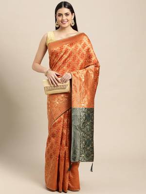 orange cotton silk blend banarasi bandhani fusion style woven 1