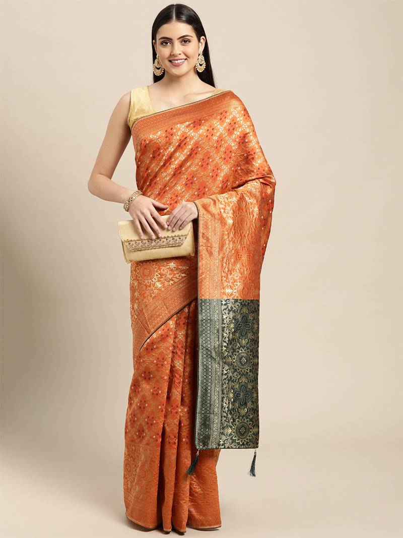 orange cotton silk blend banarasi bandhani fusion style woven