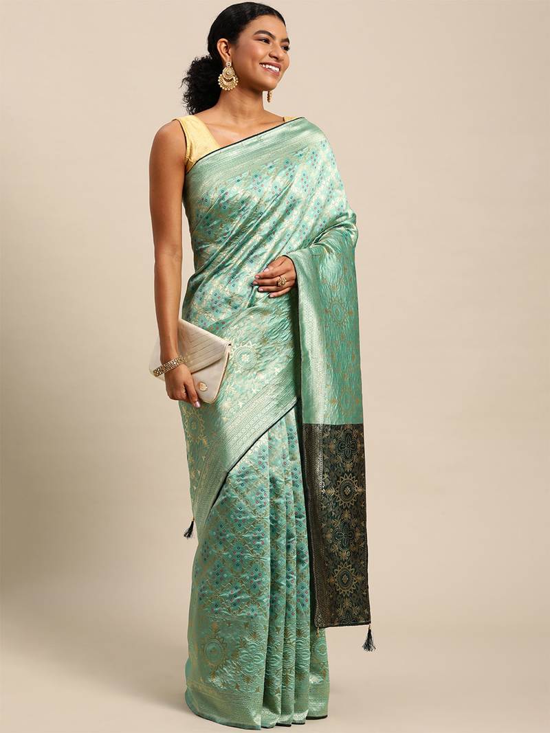 pista green cotton silk blend banarasi bandhani fusion style woven