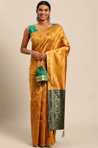 yellow cotton silk blend banarasi bandhani fusion style woven